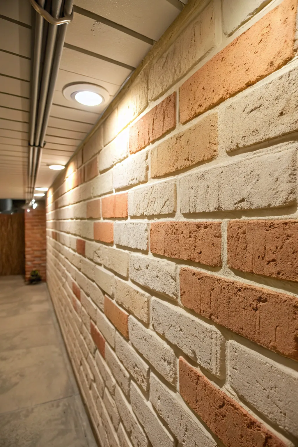 Warm faux brick paint effect on concrete block, showing crisp mortar lines and cozy texture