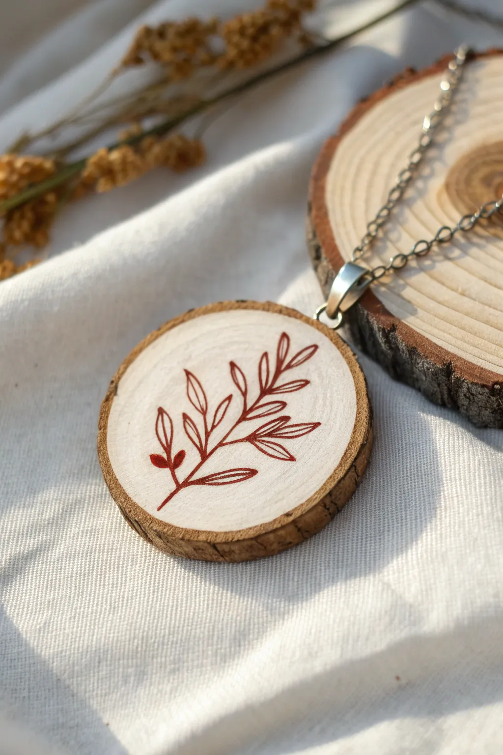 Hand-painted wood slice charm with minimalist floral, styled in soft Scandinavian boho light.