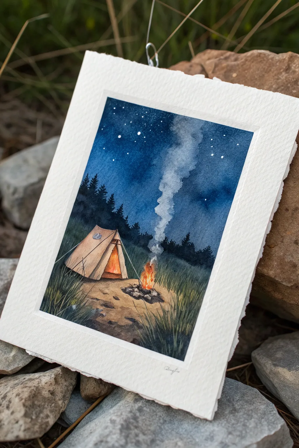 Paint a tiny night tent and campfire with heart-shaped smoke for an extra cozy, cute vibe