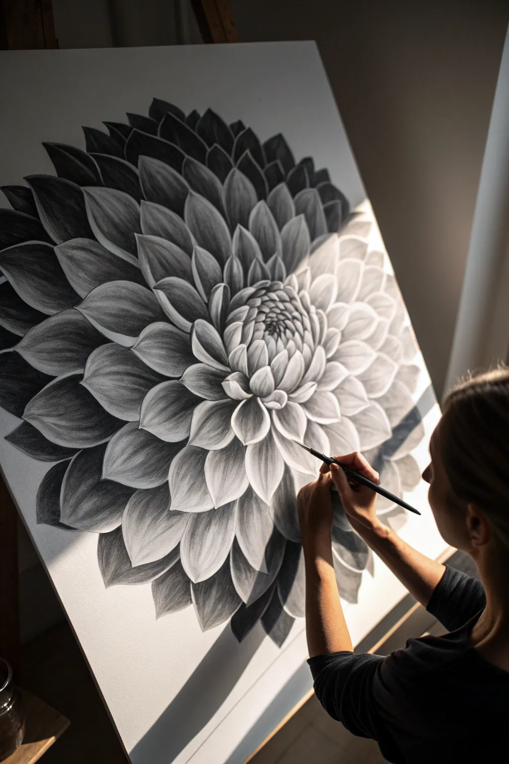 Monochrome flower study in grayscale, highlighting petal shapes and bold value contrast