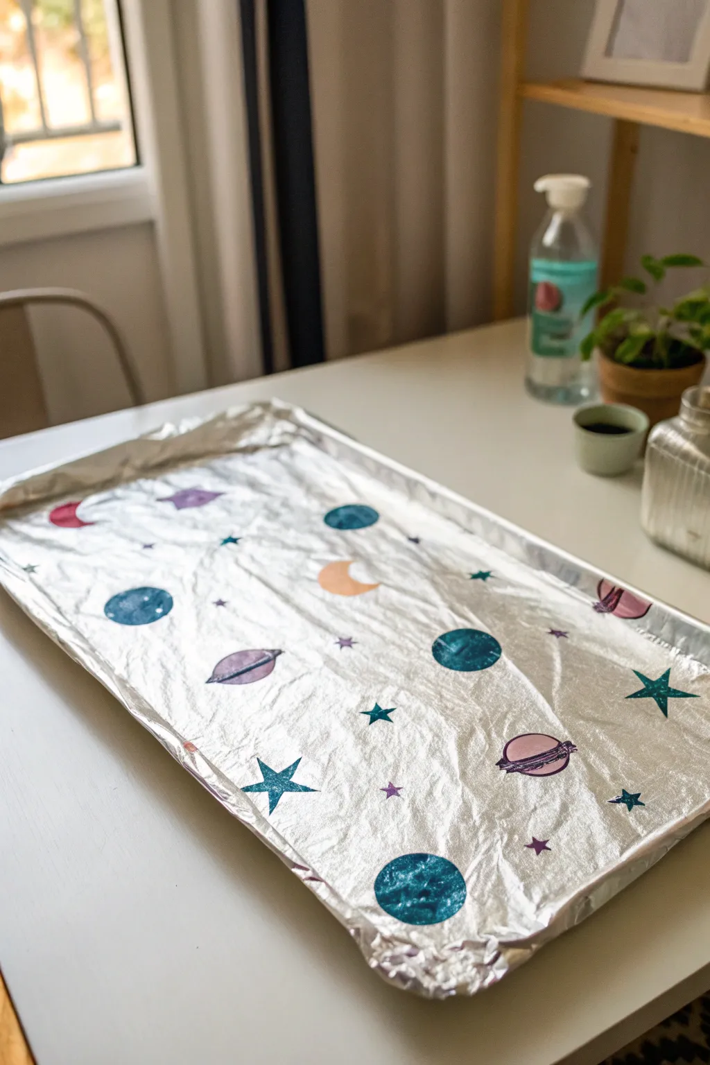 Shimmery foil planets make an easy space painting that pops with vivid color and sparkle.