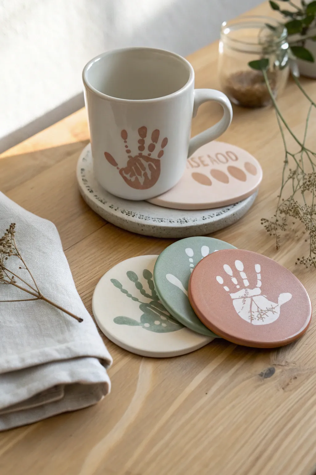 Soft handprint coaster set with a cozy tea cup, a simple heartfelt gift idea for Mom