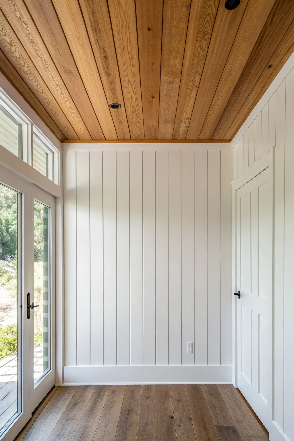 Fresh painted paneling paired with an unpainted wood ceiling for a warm two-tone look.