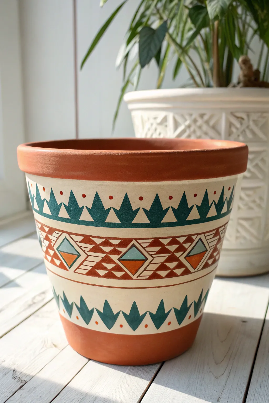 Add a boho touch to your greenery with this earthy Southwestern Aztec design.