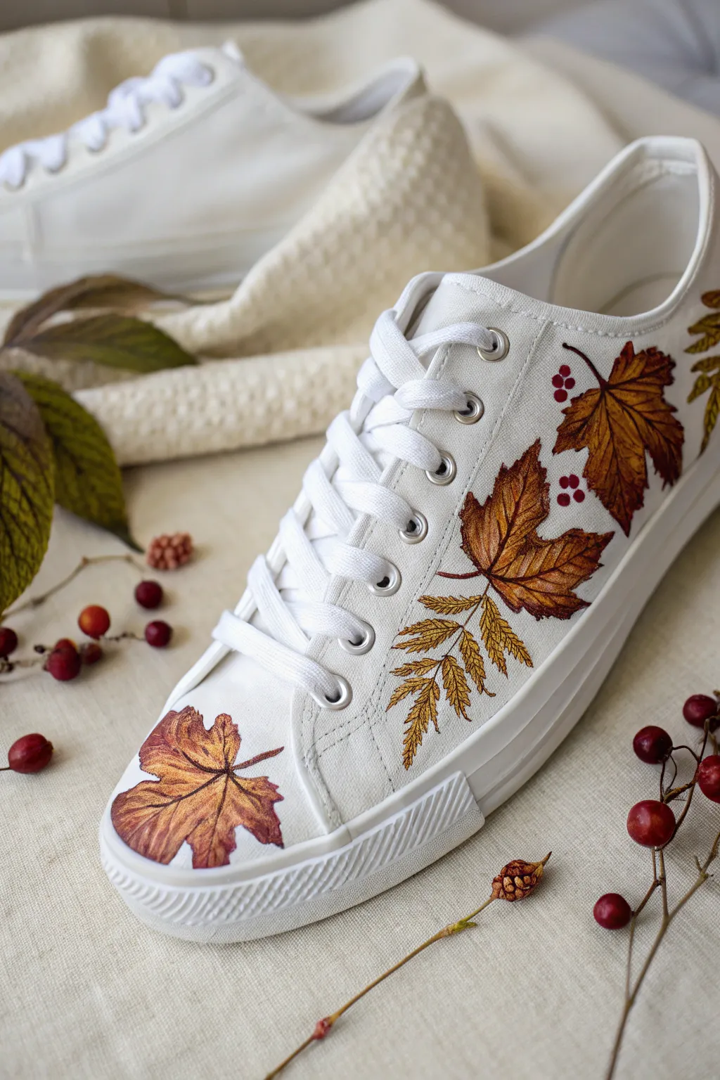 Autumn leaf and berry confetti sneaker painting, styled with real seasonal foliage nearby