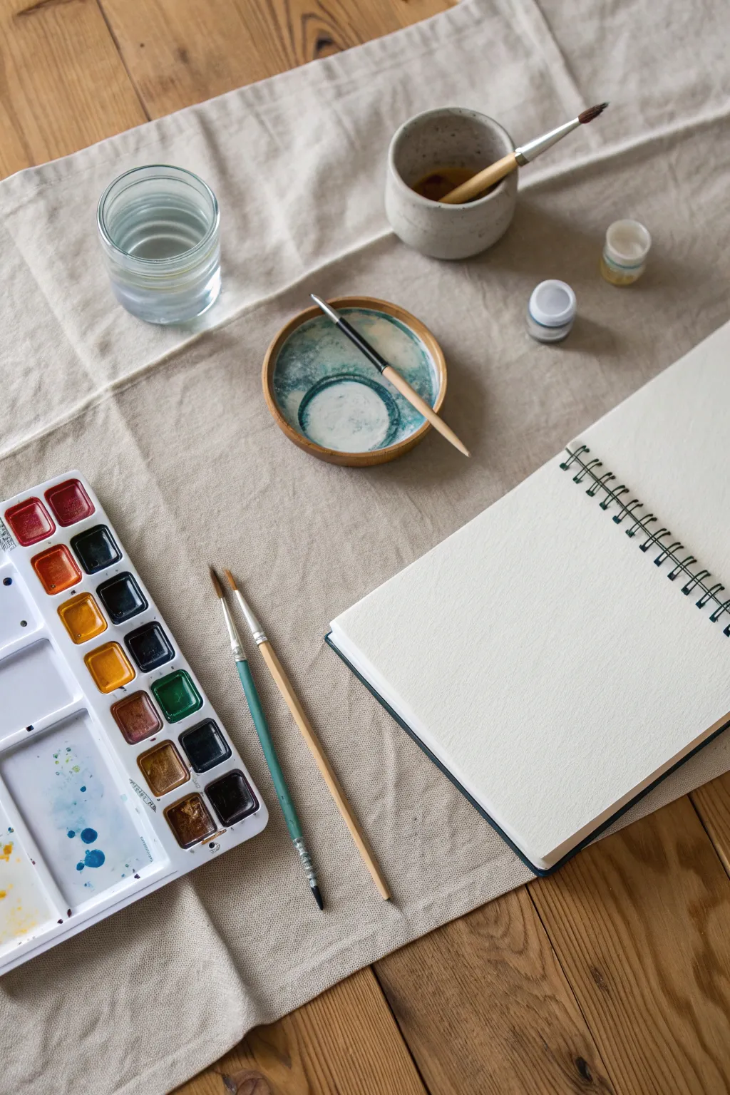 Split wet paint and dry planning zones so your sketchbooks stay clean and splatter free.