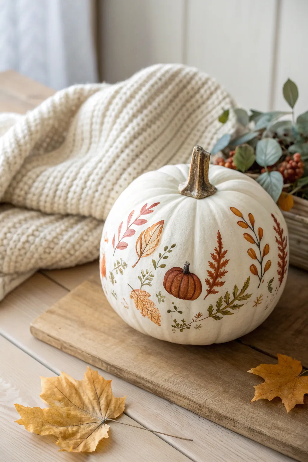 White pumpkin with a painted leaf garland in rust, ochre, and olive for cozy fall decor