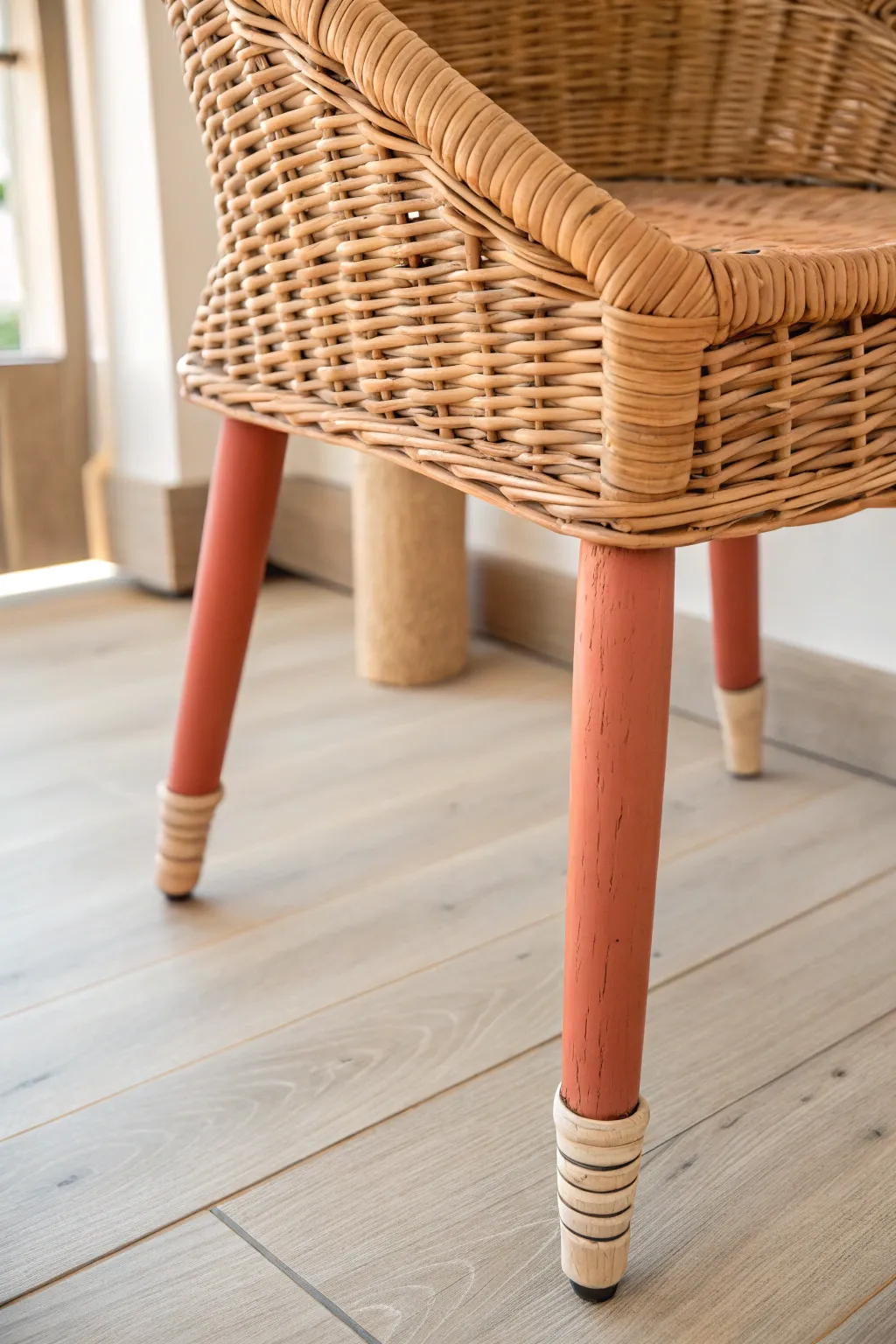 Paint-dipped wicker chair legs with a muted terracotta accent for a chic minimalist upgrade