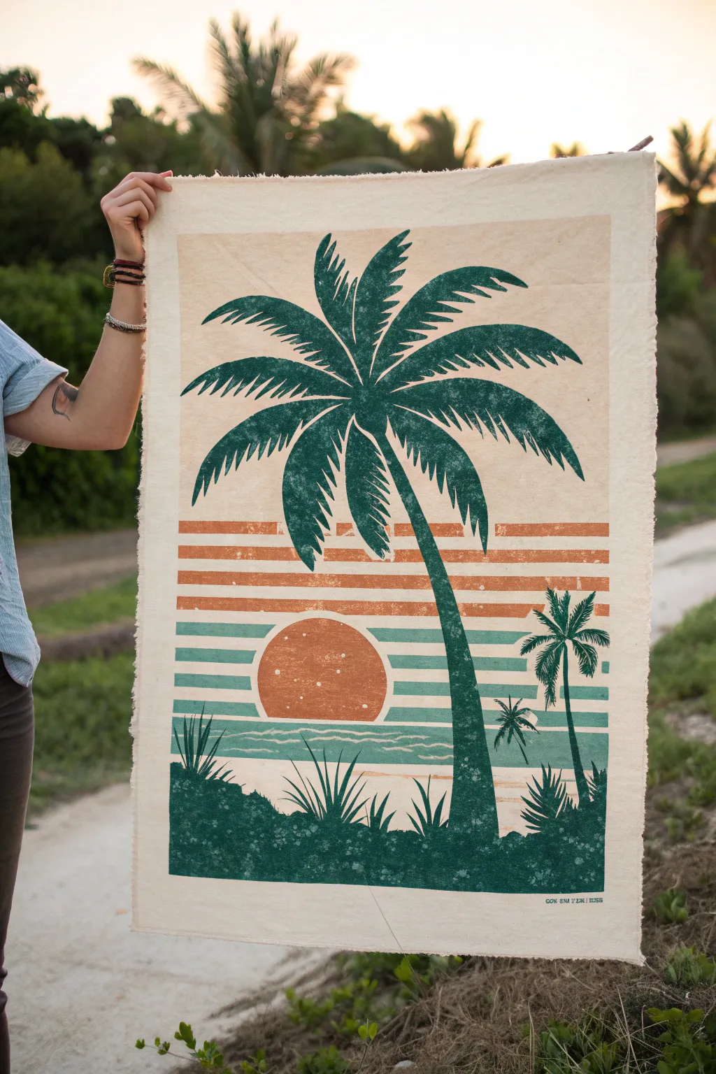 Paint a retro color-block palm poster with bold shapes and cozy boho Scandinavian hues