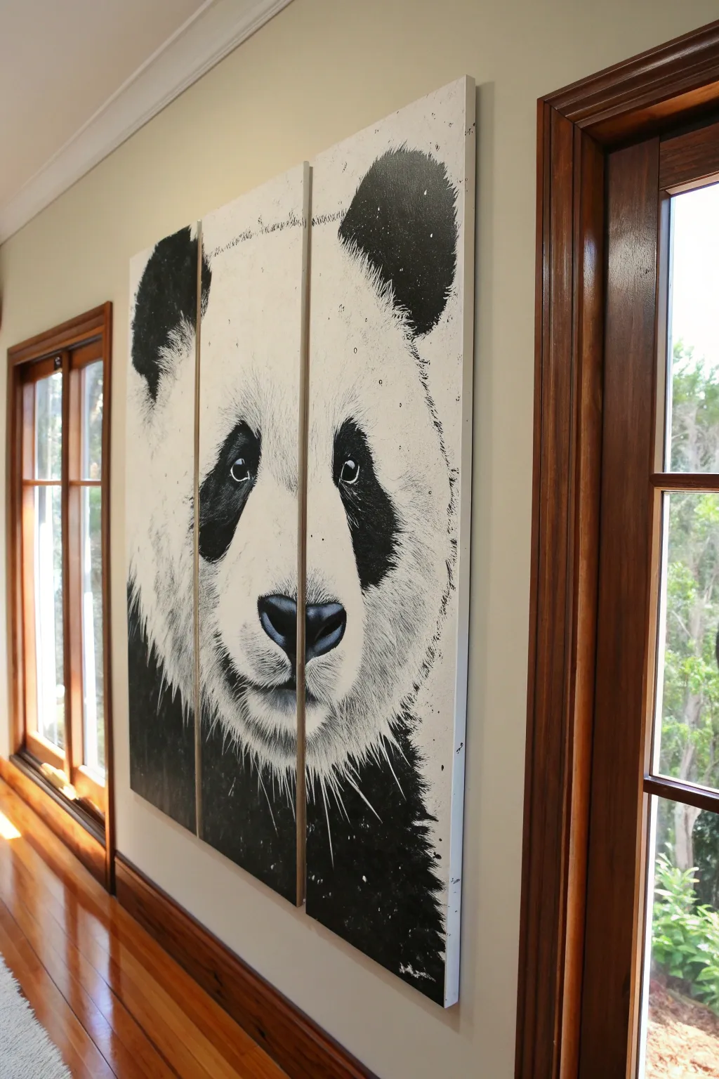 Minimalist triptych panda face with perfectly aligned eyes for a bold black and white statement.