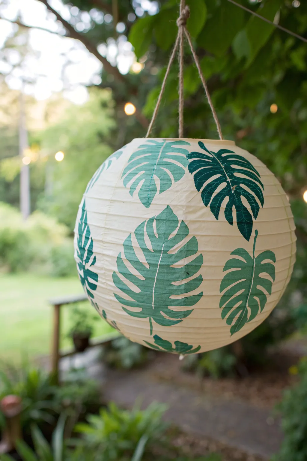 Paint a bold paper lantern with tropical leaf silhouettes for lush minimalist boho charm