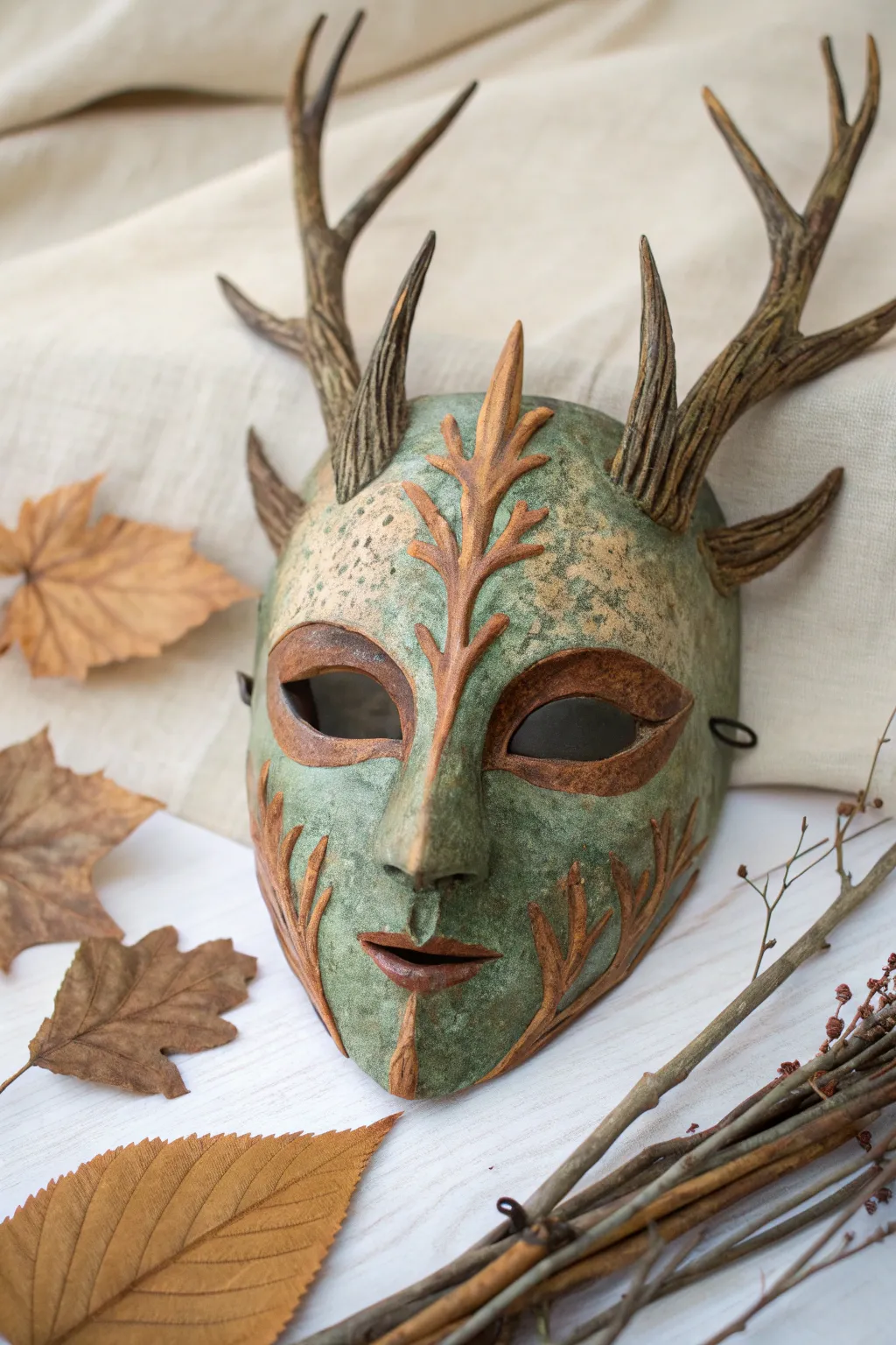 Forest spirit paper mache mask with branchy horns in earthy tones and minimalist woodland styling