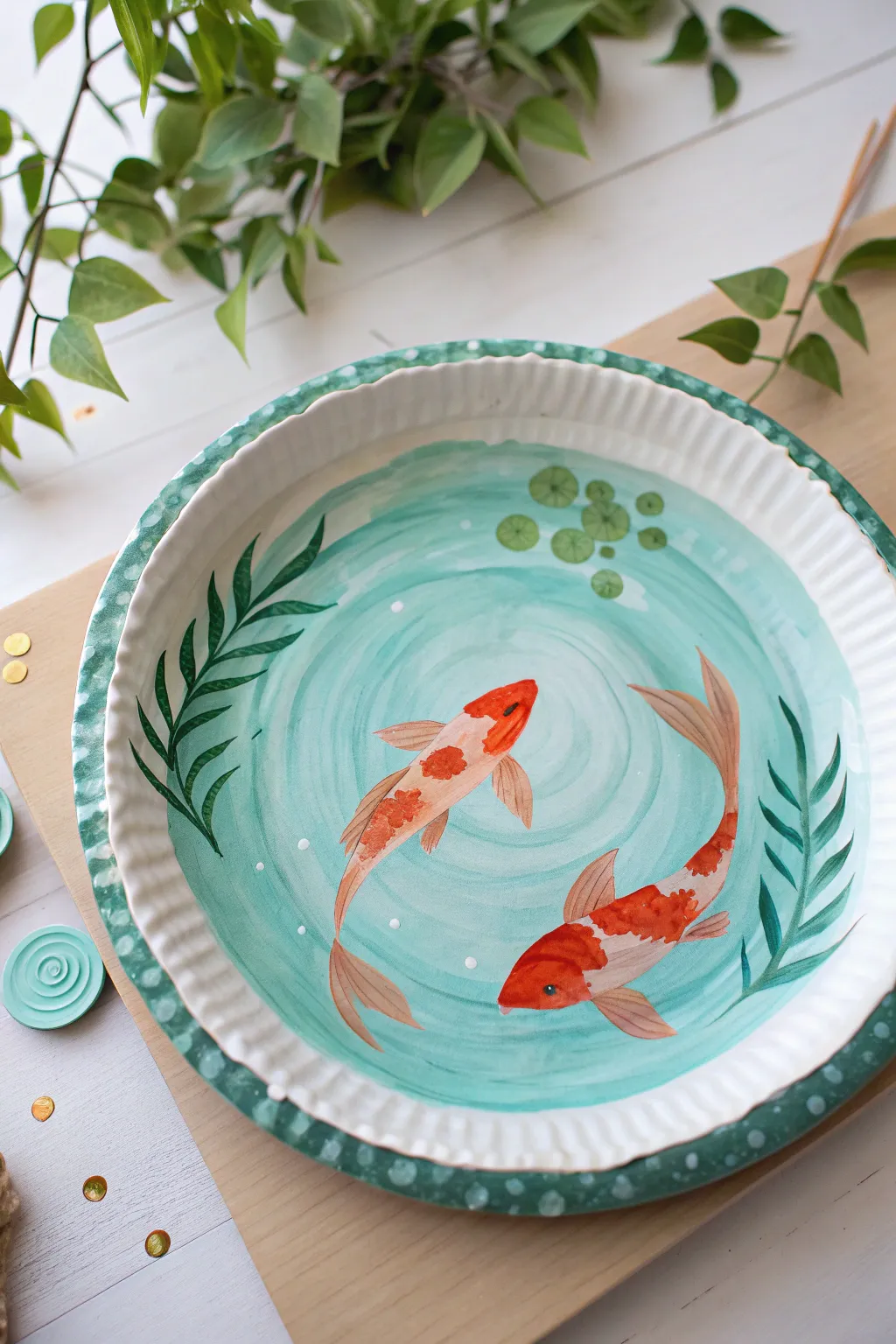 Koi Pond Ripple Plate: calming paper plate painting in watery greens with soft ripples and koi