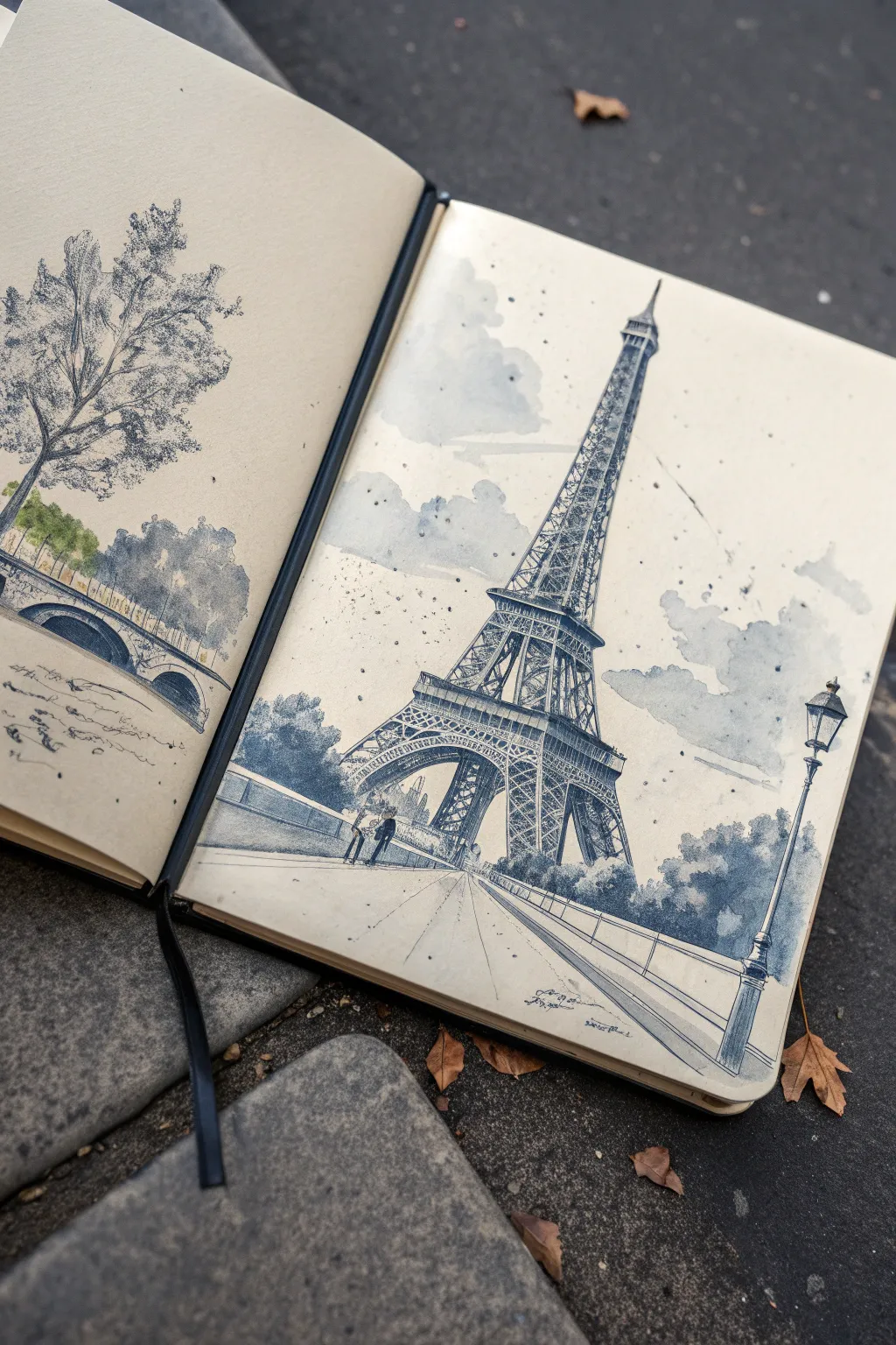 Minimal ink-and-wash Paris sketchbook spread, Eiffel Tower focal study in soft boho neutrals