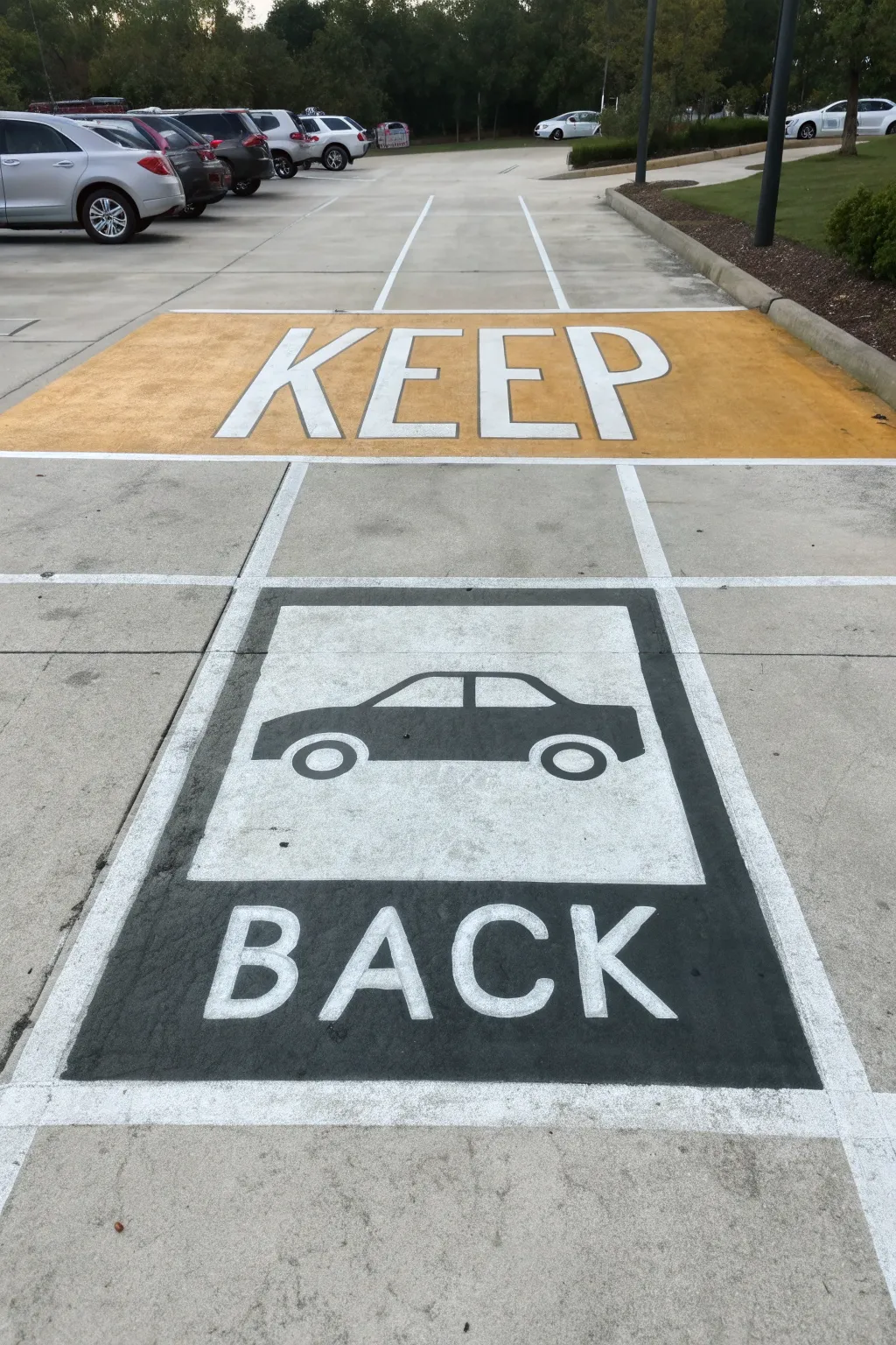 Scandi minimalist parking space painting with bold keep back humor lettering and tiny car icon.