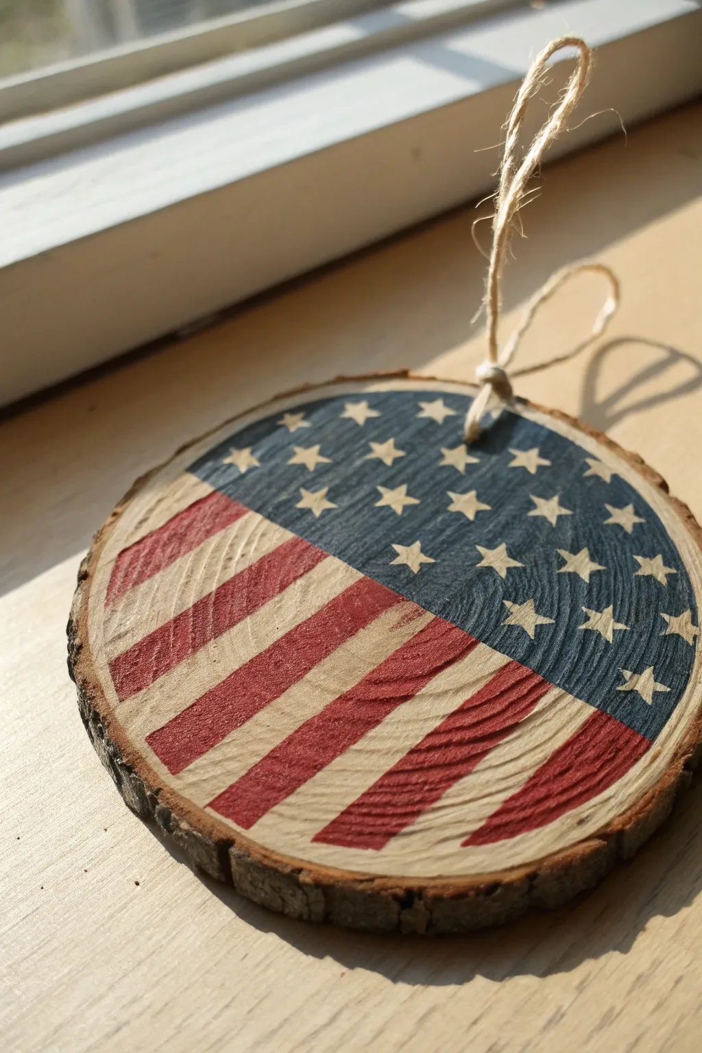 DIY wood slice American flag ornament, minimalist patriotic decor with natural grain and twine