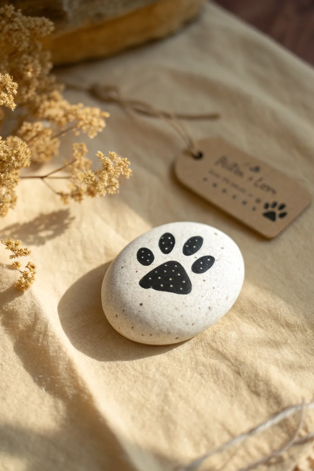 Soft boho paw print pebble token in calm Scandinavian styling, perfect for pet keepsakes