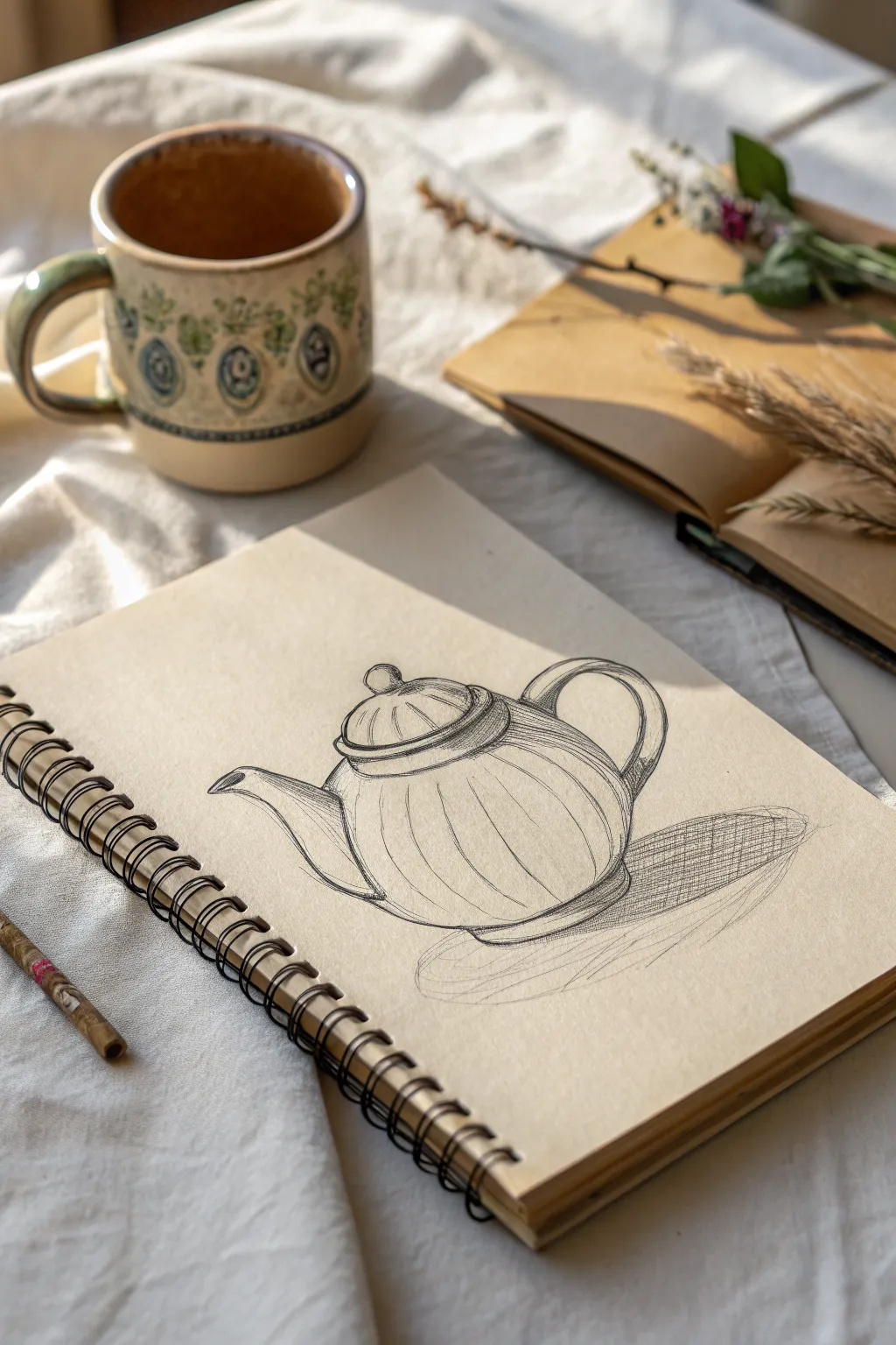 One-line teapot sketch with layered graphite shading for bold contrast and a lively hand-drawn feel