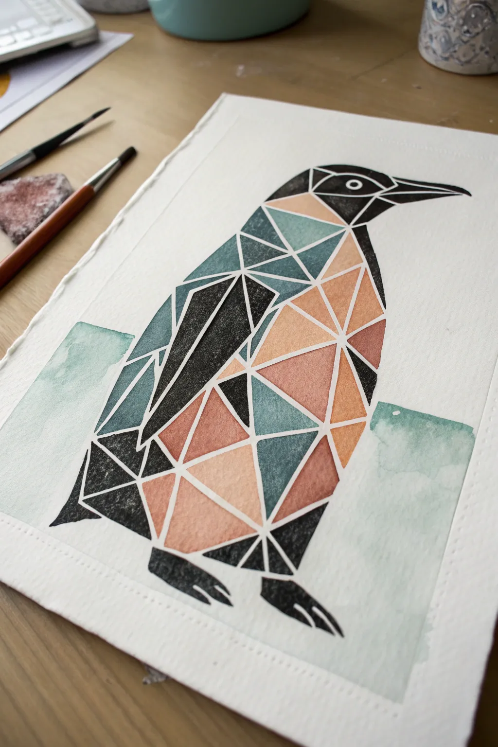 Geometric tape-resist penguin painting: crisp lines, cozy Scandi colors, easy to recreate