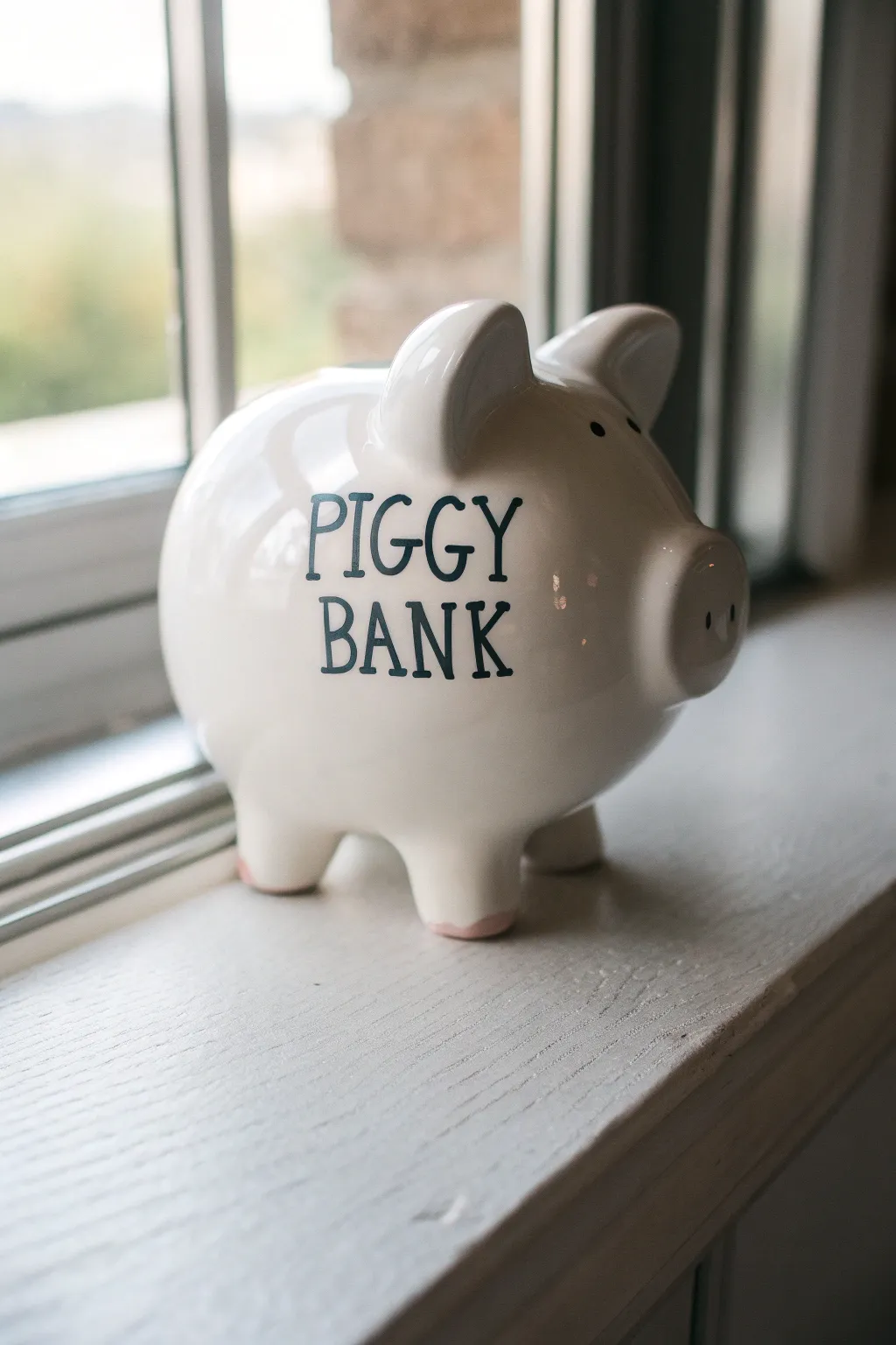 Minimalist piggy bank with hand-lettered name and date, perfect for a personal touch.