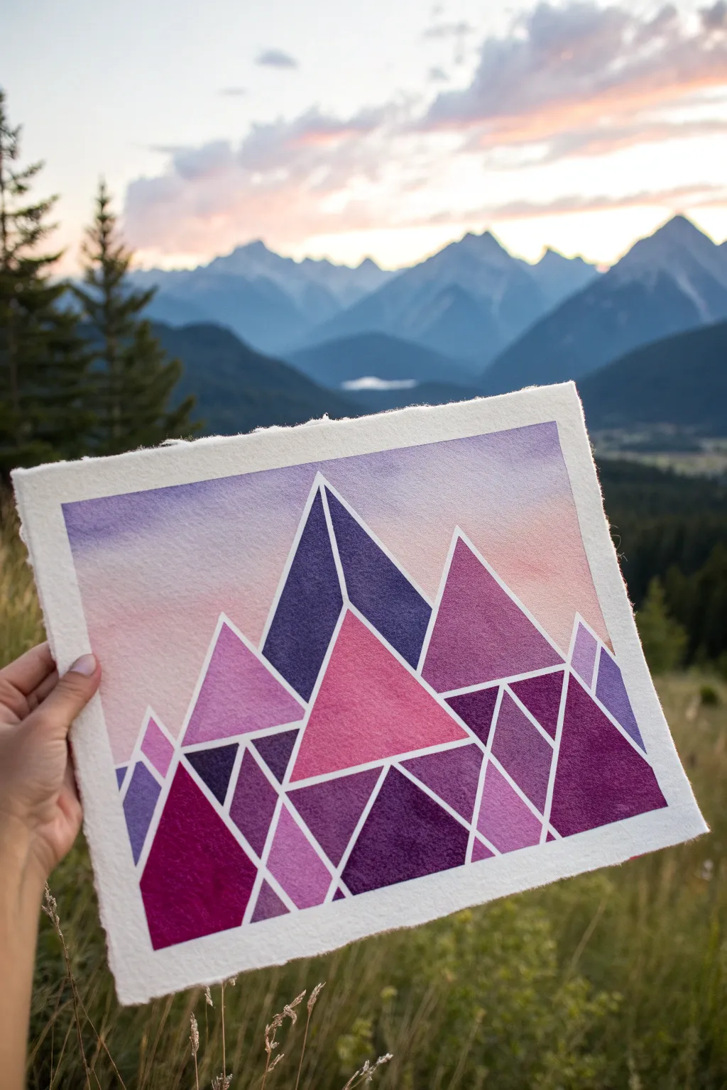 Geometric magenta and violet mountains for a minimalist boho pink and purple painting idea