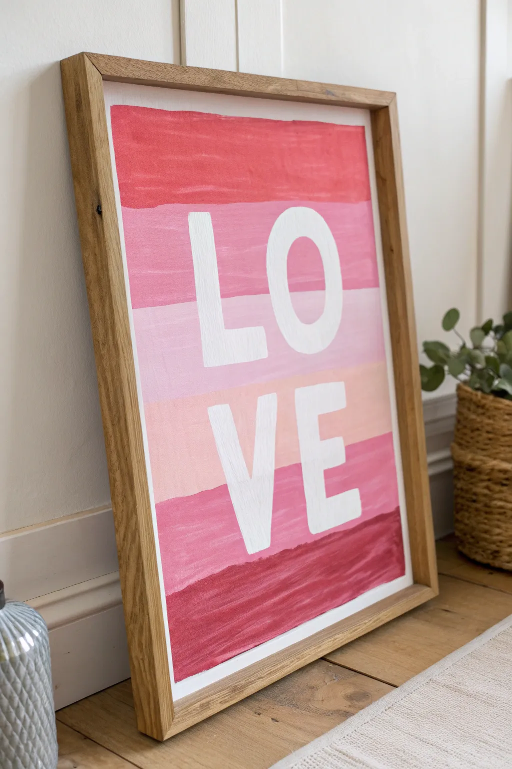 Bold pink poster-style painting with abstract typographic forms and minimalist Scandinavian charm