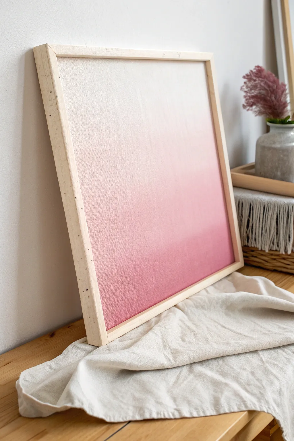 Soft pink ombre canvas with bold magenta drips, a minimalist boho accent for easy painting practice.