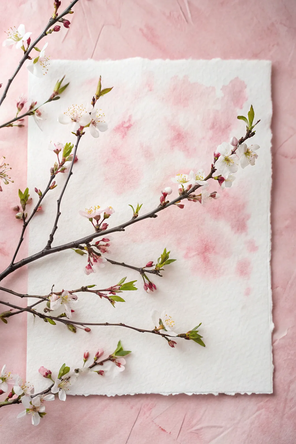 Easy pink painting idea: negative space cherry blossoms on a dusty rose pink background