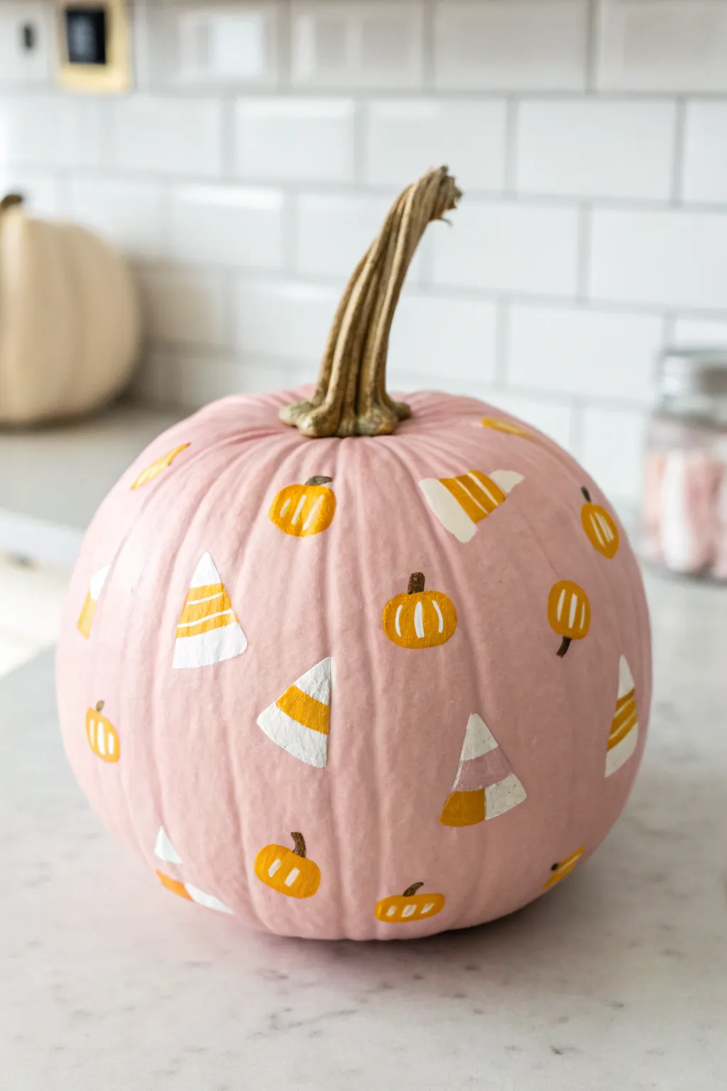 Candy-themed pink pumpkin with pastel sweet shapes, Scandinavian minimal kitchen, soft boho warmth