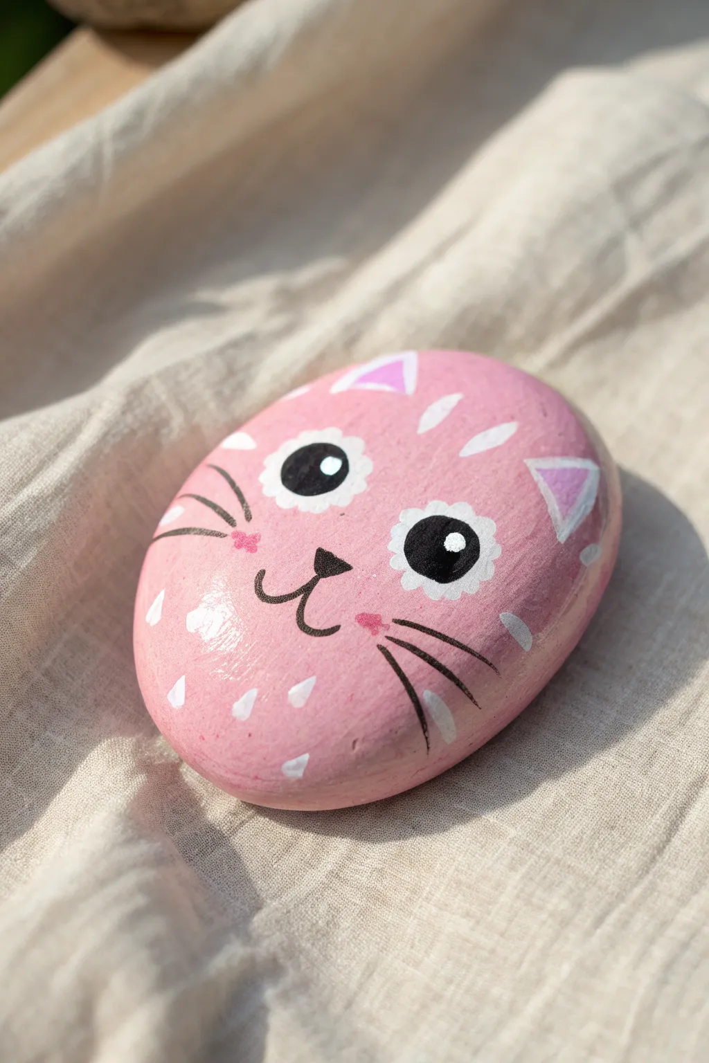 Kawaii pink cat rock with sparkly eyes and simple stripes, perfect for minimal boho decor.