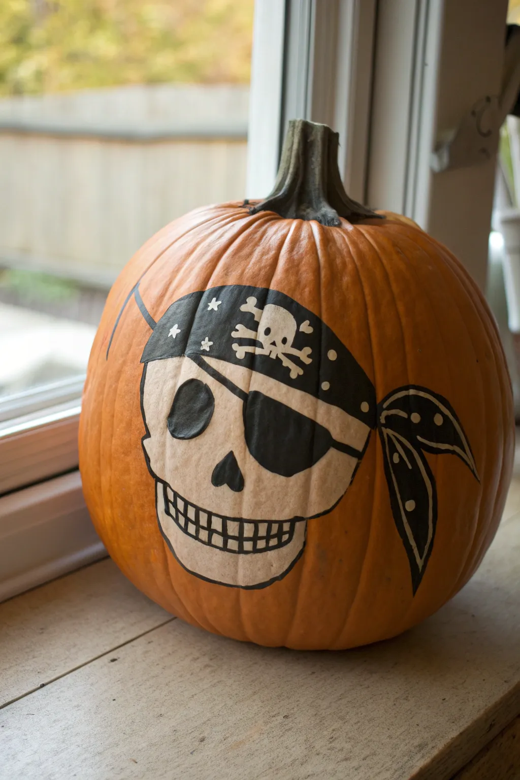 Minimal pirate skull pumpkin with eyepatch and bandana, bold contrast, easy to paint