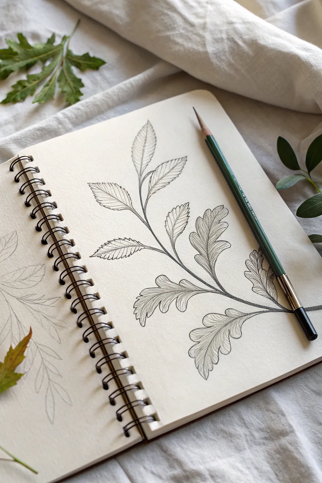 Curling leaves अभ्यास: crisp contour studies with soft shading for elegant, minimalist plant drawings