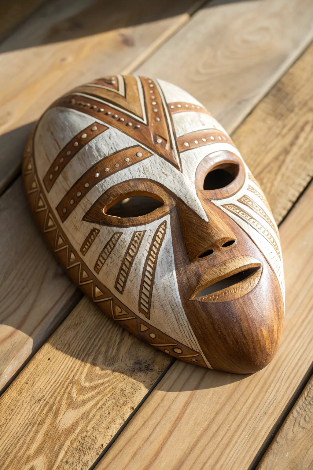 Woodgrain illusion plaster mask with carved details, a minimalist boho craft focal piece