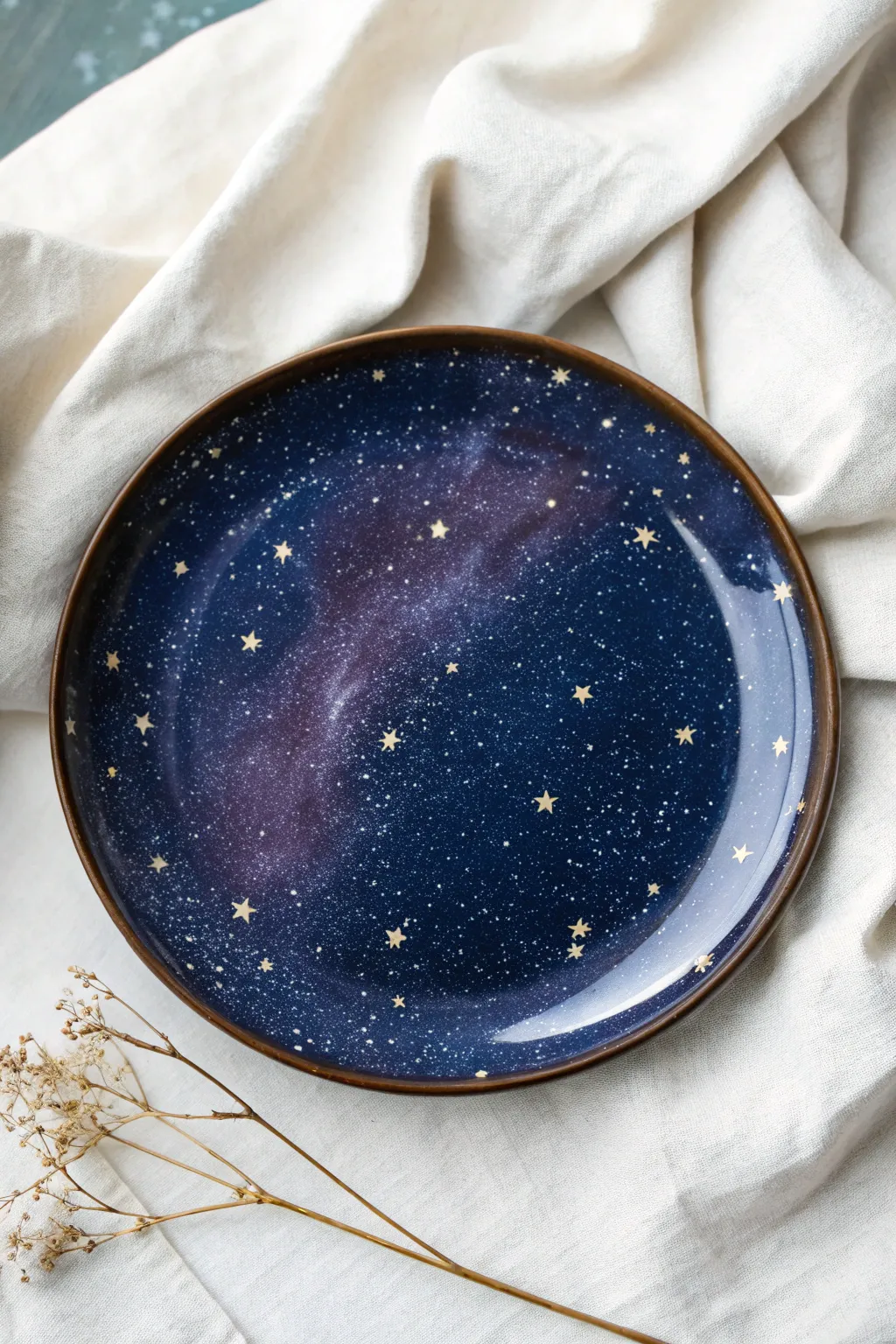 Night sky galaxy swirl plate painting with speckled stars and a soft nebula glow