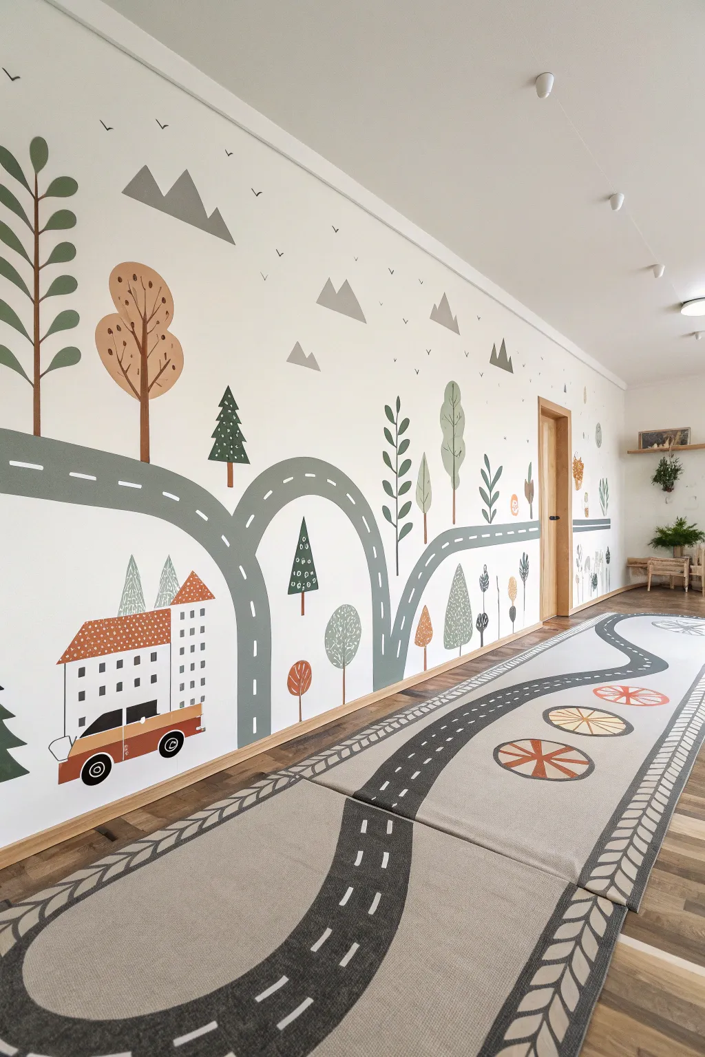 A calm road map mural transforms a simple playroom wall into a highway for tiny-car adventures.