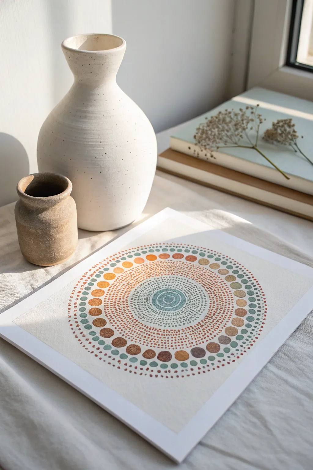 Negative space vase silhouette surrounded by layered pointillism dots in soft boho hues