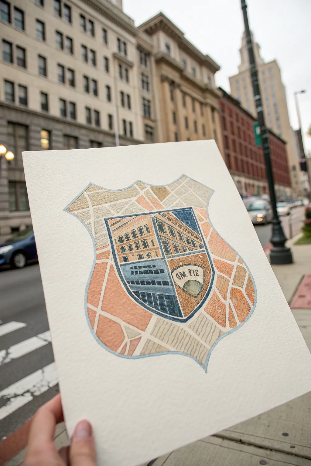 Abstract police badge art filled with city-map shapes, muted neutrals and one bold blue accent
