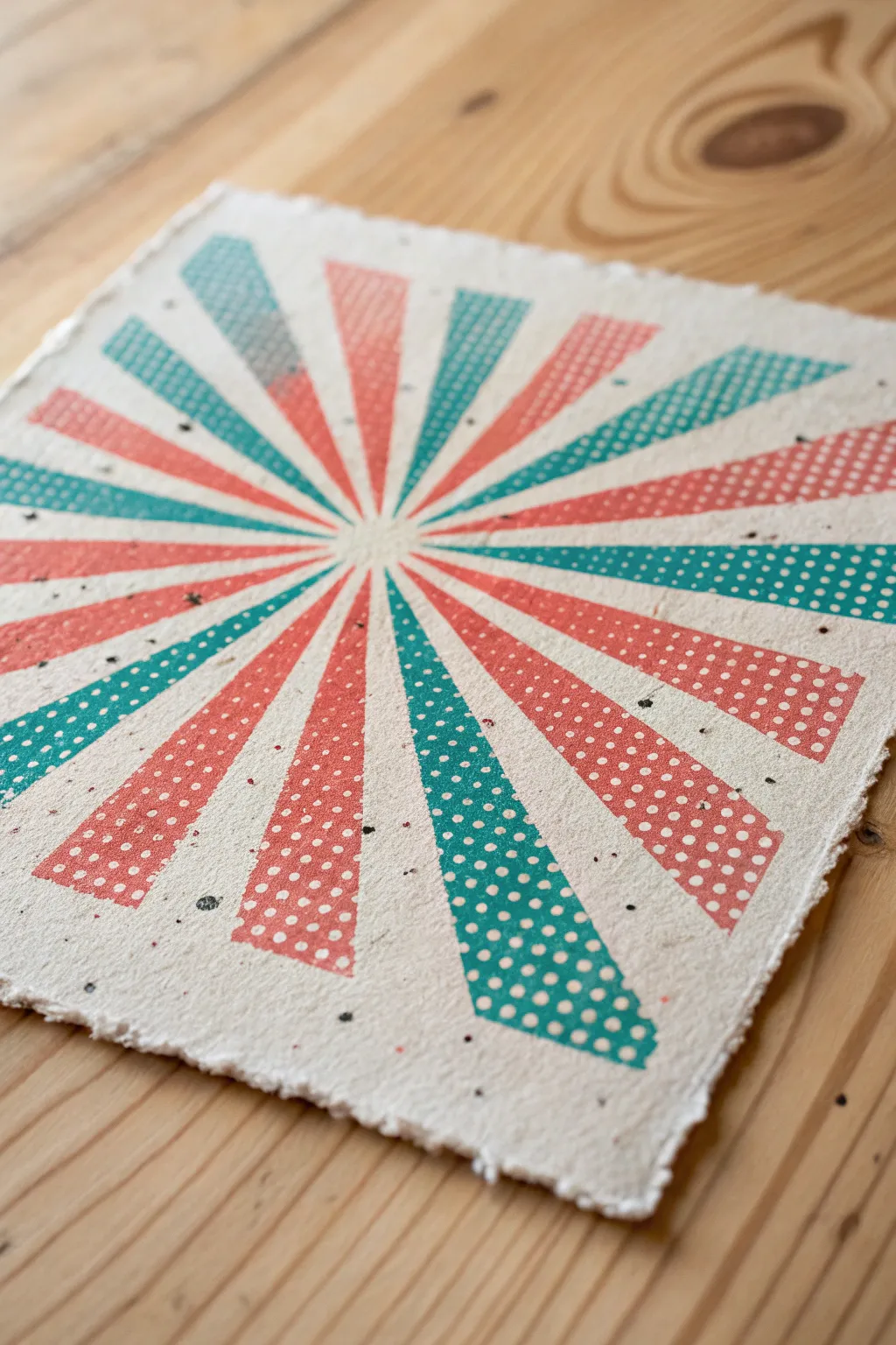 Retro pop burst on handmade paper with speckled ink grit for chic minimalist boho texture