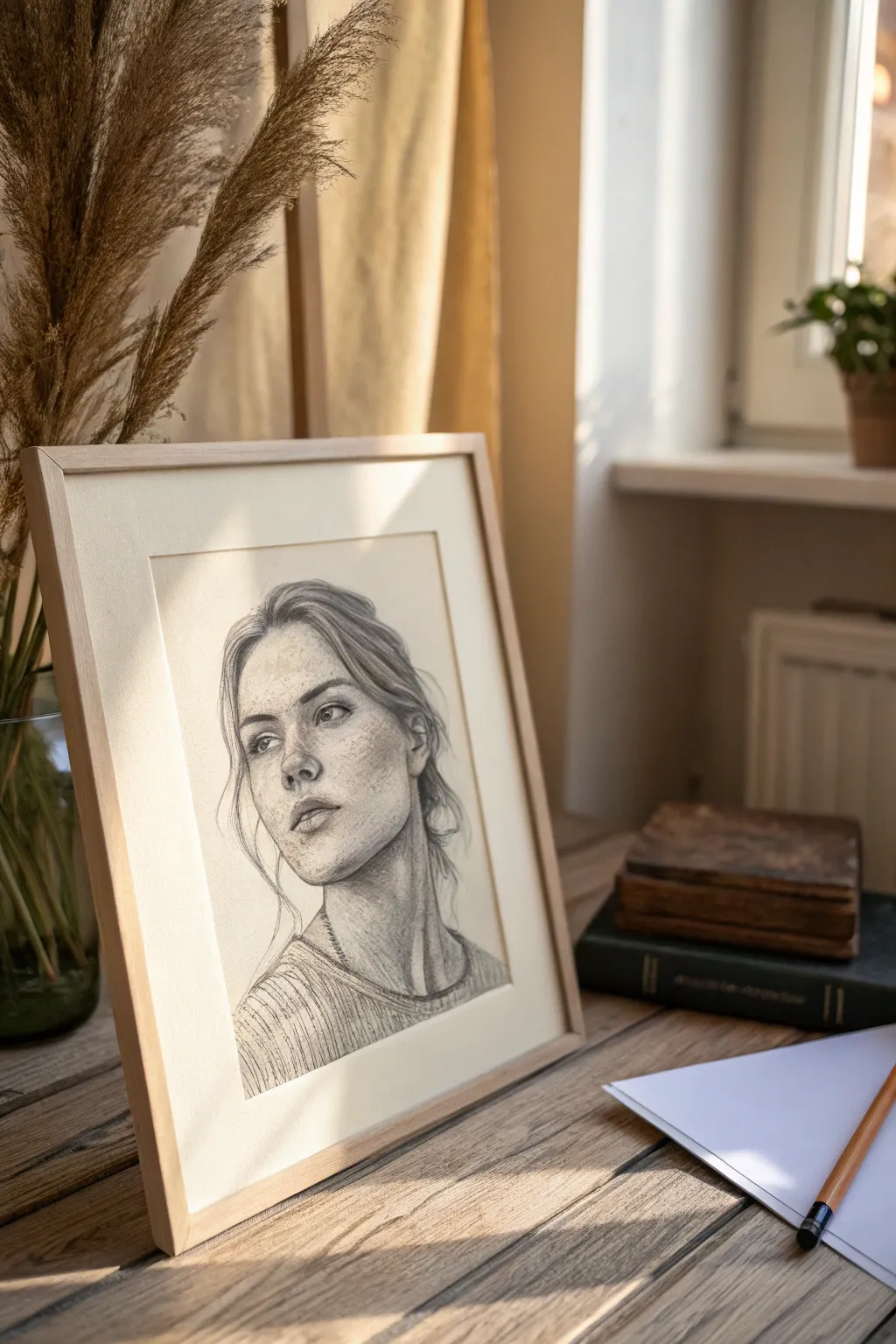 A crisp portrait against a softly blurred indoor backdrop for calm, modern depth and focus.