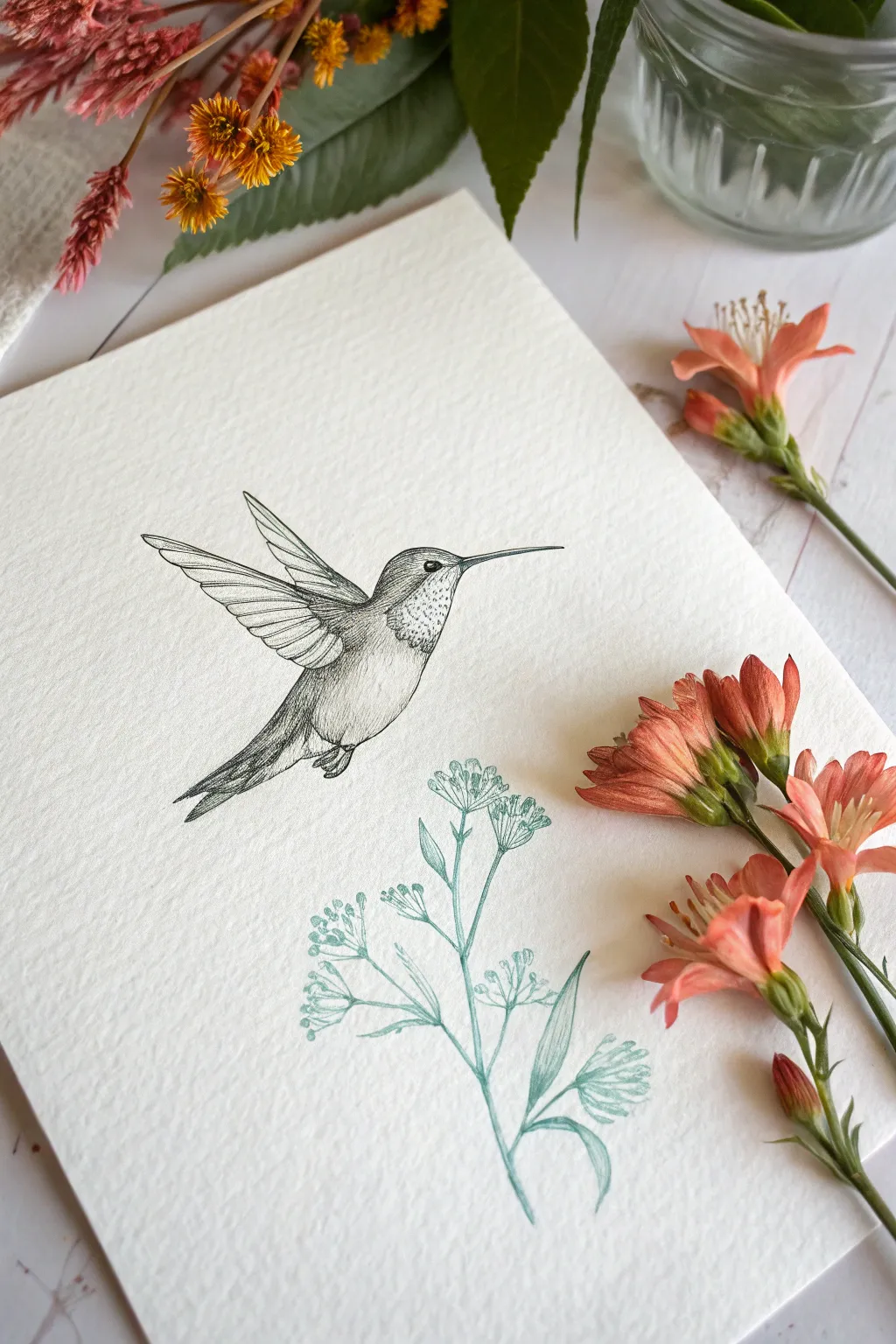 Tiny hummingbird in airy watercolor and ink, minimalist joy that feels light, brave, and bright.