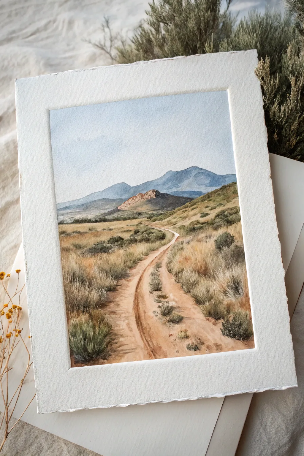 Paint a winding path to a tiny bright summit, simple Scandinavian colors that feel hopeful