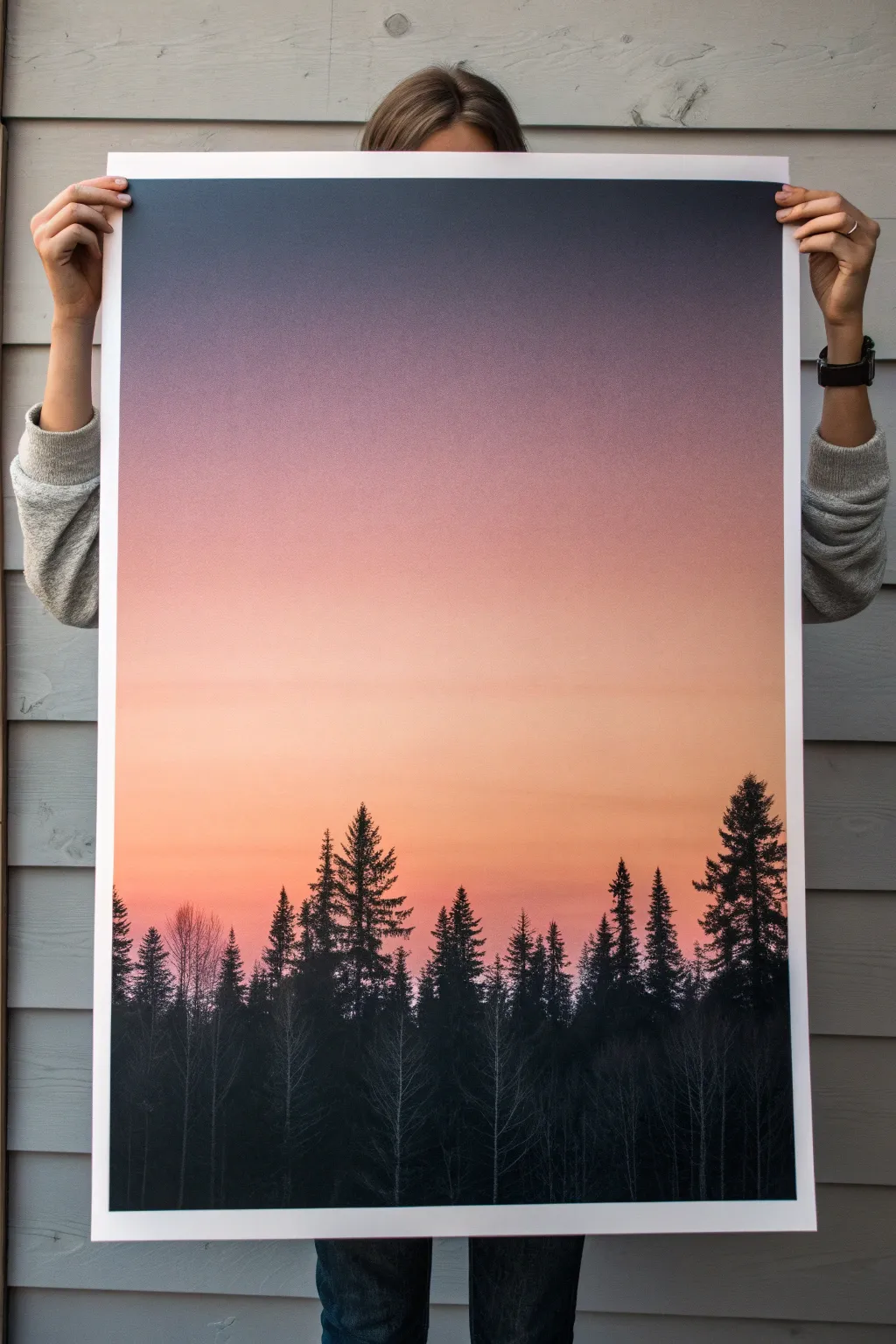 Silhouette sunset poster board idea with a soft gradient sky and bold black horizon contrast