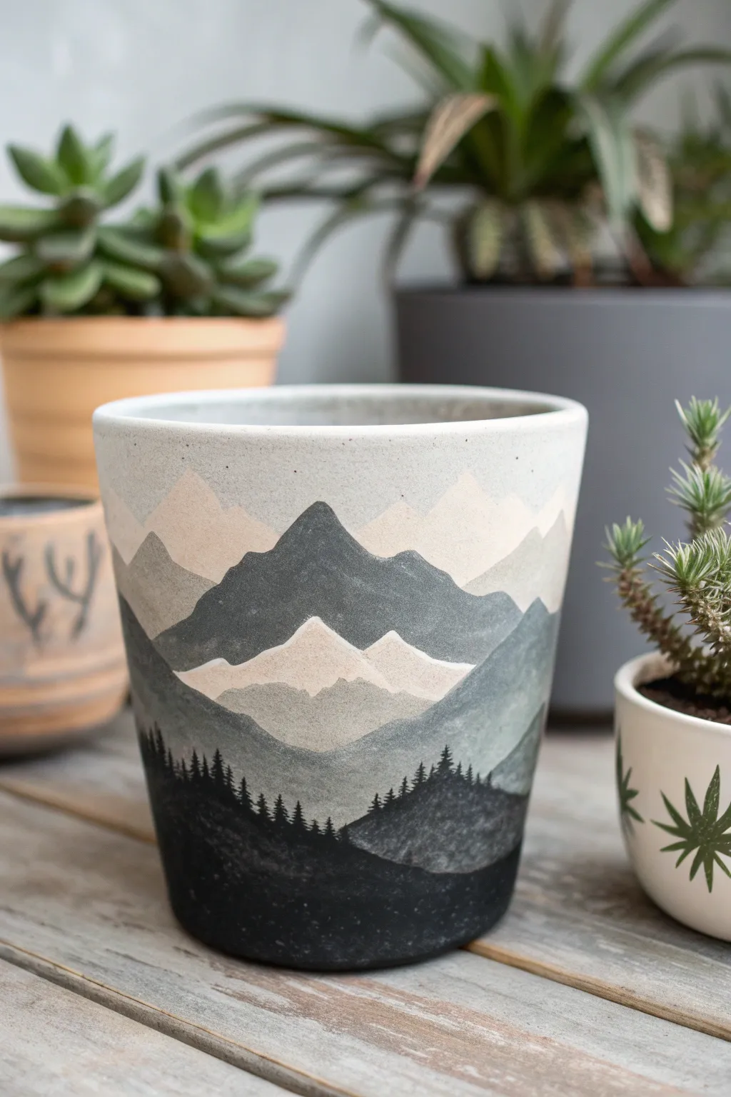 Minimalist pot with layered mountain silhouette wrap, set on wood and stone in soft moody light.
