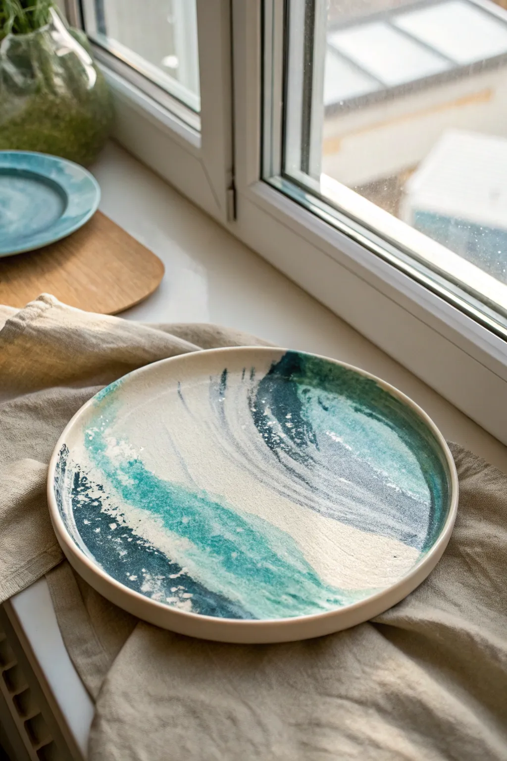 Ocean Wave Swirls: a minimalist handmade platter with layered blues, teals, and foamy white.