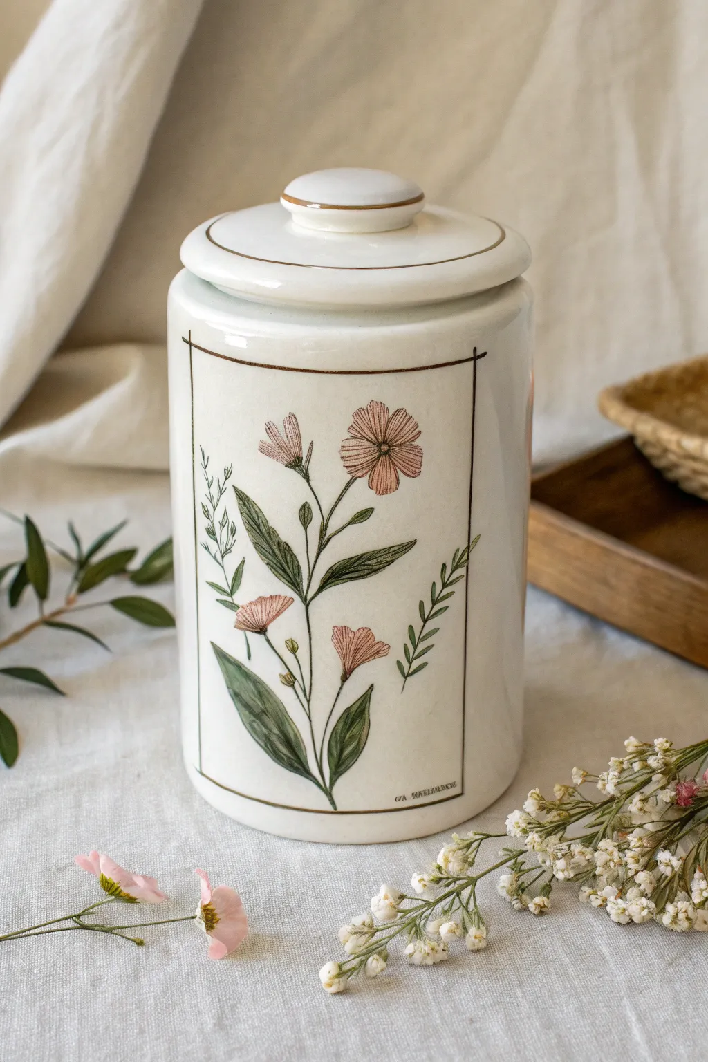 Minimalist pot with a hand-painted bloom and blank botanical label panel, Scandinavian boho