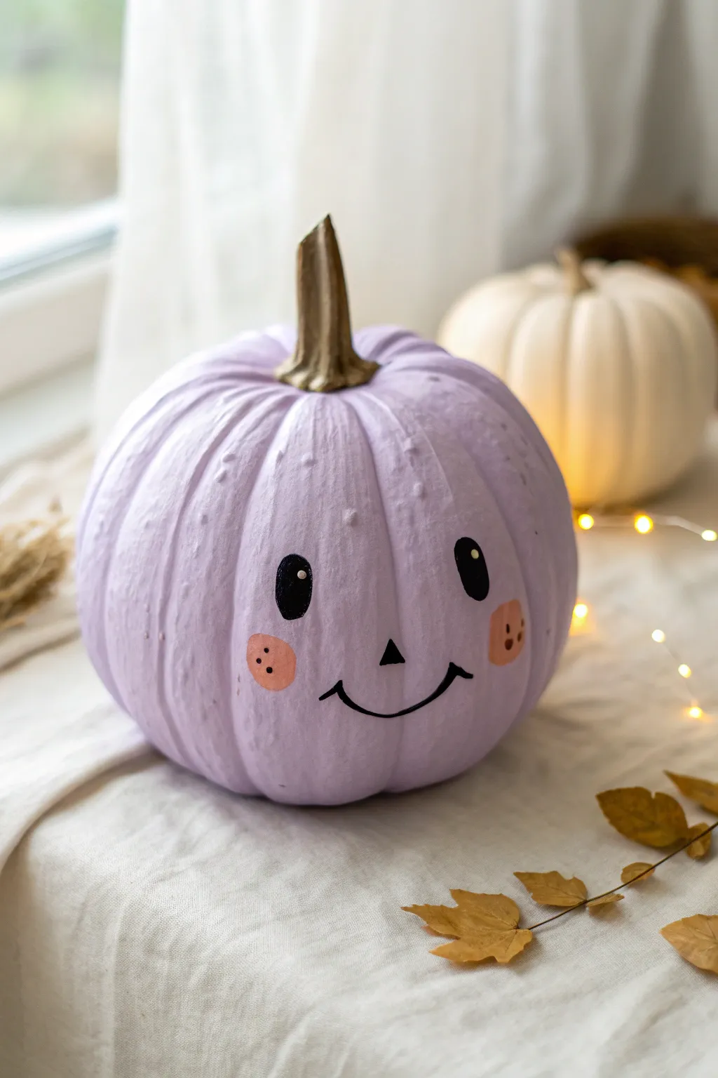 Sweet pastel jack-o-lantern pumpkin with a clean, preppy face and cozy minimalist styling