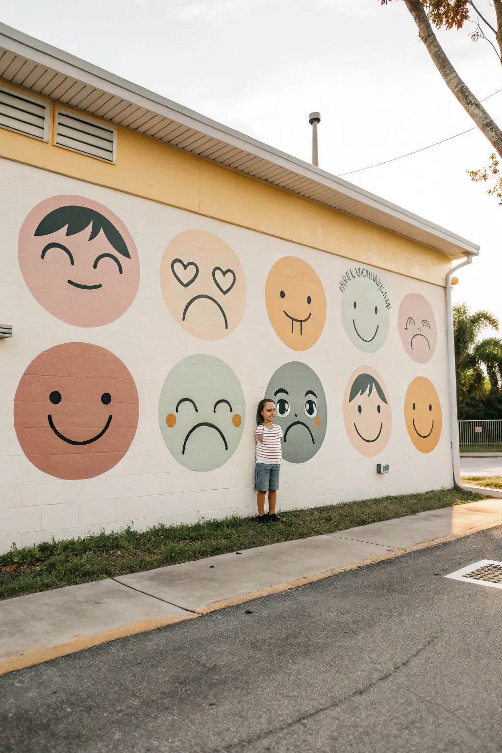 Minimal feelings-face mural for preschool daily check-ins, Scandinavian calm with boho warmth