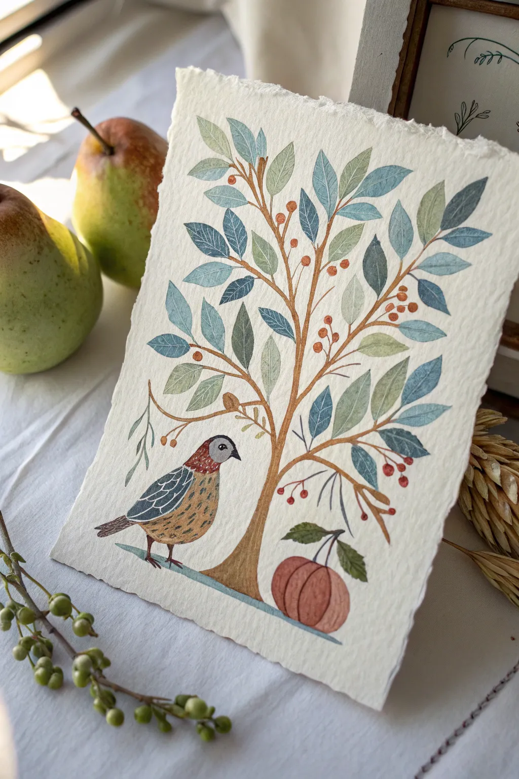 Primitive partridge and pears folk motif in soft heirloom tones, minimal and handmade
