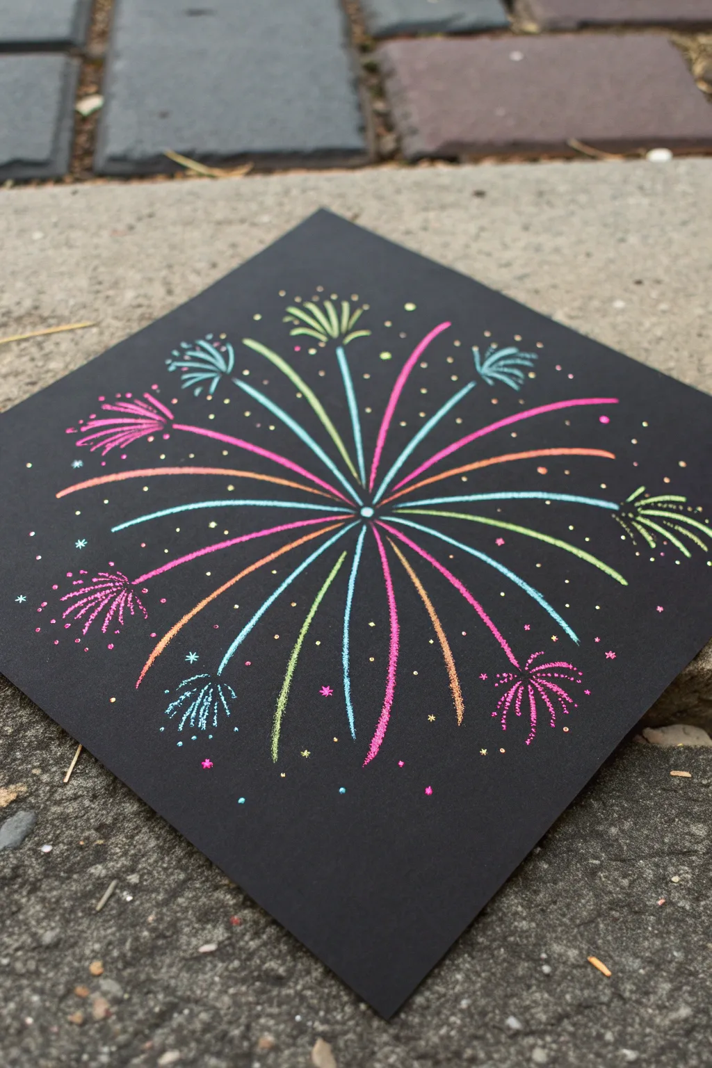 Neon puffy paint fireworks on matte black paper, raised and sparkling in a modern minimal boho style.
