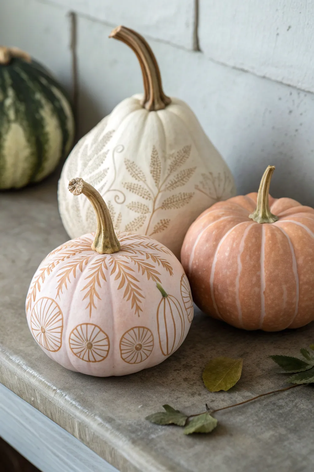 Three pumpkins, one soft palette: carved, painted, and etched for a minimalist boho porch moment.